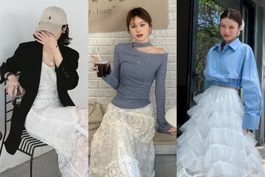 氣質夏日！2025夏天5大蕾絲裙搭配靈感推薦～蕾絲短裙＋運動風上衣超韓、蕾絲蛋糕裙＋一字領上衣美翻⋯⋯