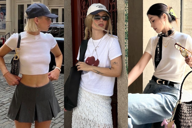 簡約即正義！10 種白色 T-shirt 的夏季穿搭靈感～短版白上衣搭灰色短裙穿出美式休閒感、白素T配牛仔褲輕鬆打造 Clean Fit 穿搭⋯⋯